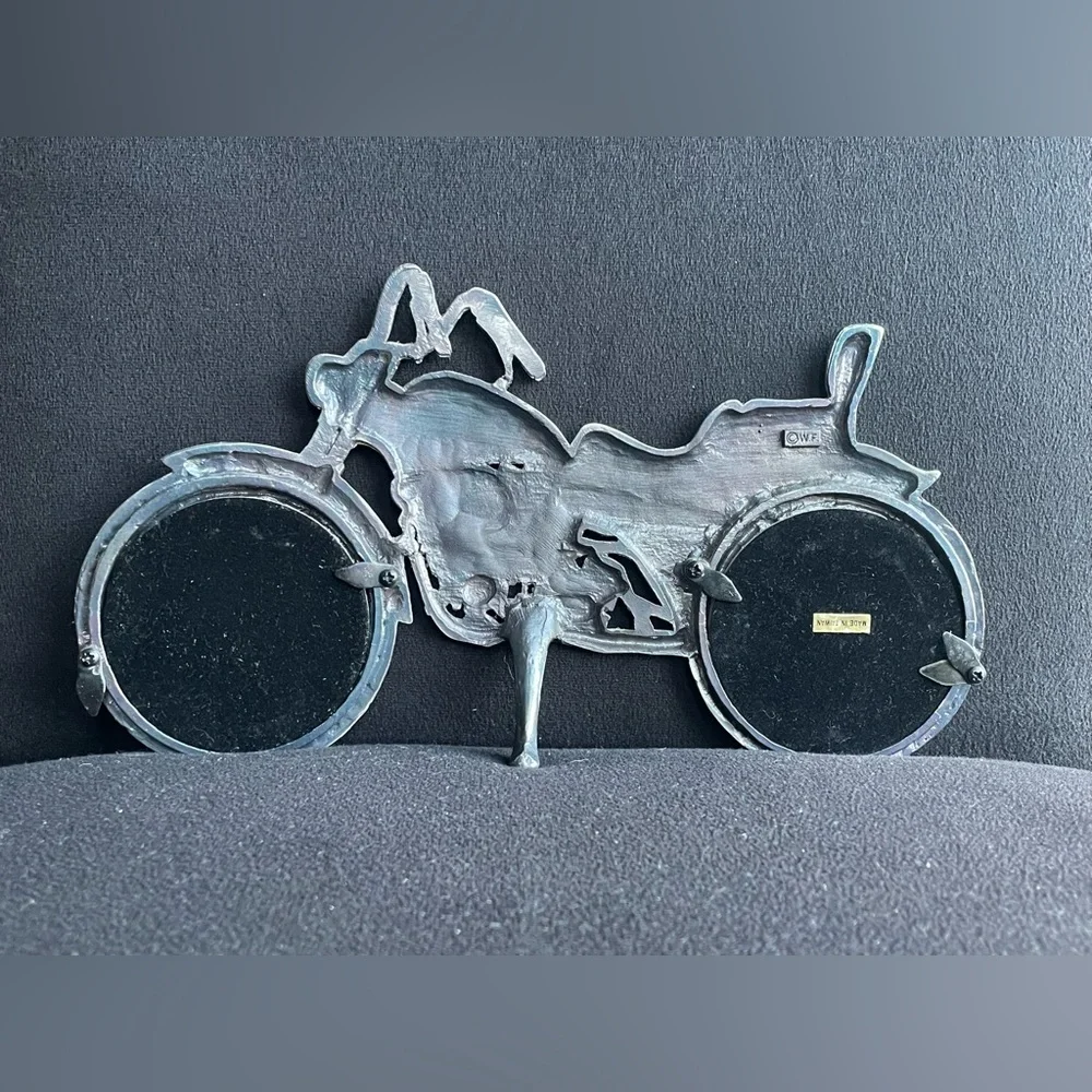 Pewter Harley Motorcycle Picture Frame Holds 2 Photos Signed WF